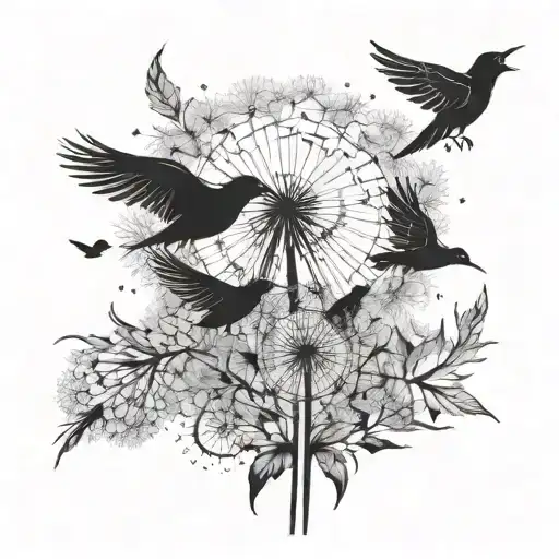 Dandelion with seeds blowing in the air with two black birds flying from them tattoo design idea