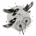 Dandelion with seeds blowing in the air with two black birds flying from them tattoo design idea