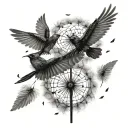 Dandelion with seeds blowing in the air with two black birds flying from them tattoo design idea