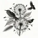 Dandelion with seeds blowing in the air with two black birds flying from them tattoo design idea