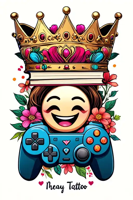game controller , princess crown, laughing emoji, book. with flowers tattoo design idea