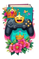 game controller , princess crown, laughing emoji, book. with flowers tattoo design idea
