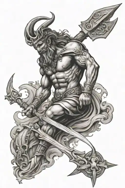 poseidon carrying a trident in front of an underwater temple and a phrase in ancient greek Ποσειδῶν tattoo design idea