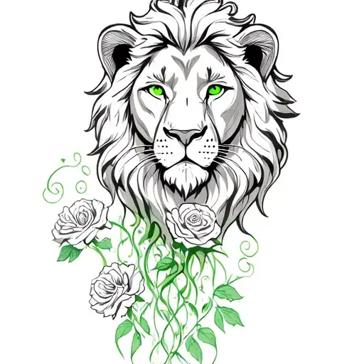 lion with light green eyes with roses and carnation flowers flowing down the leg  tattoo design idea