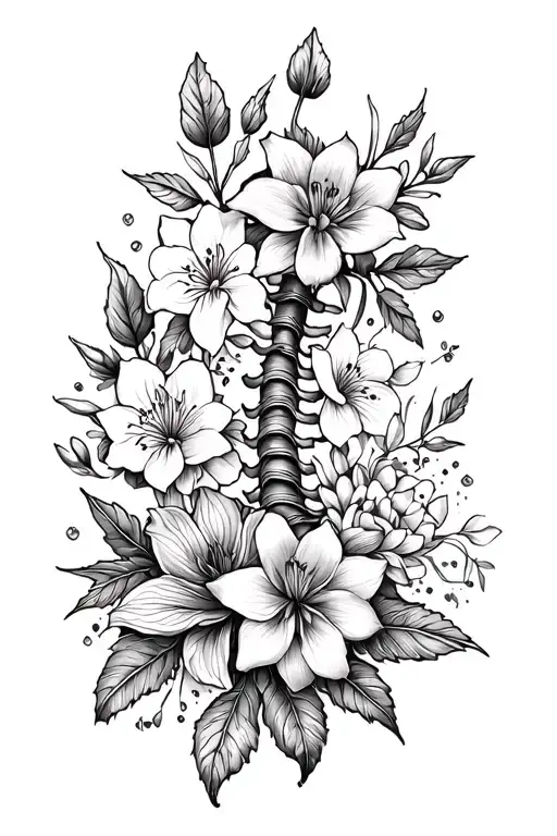 spine fine-line tattoo with mandrake, almond blossom, pomegranate, henna, lily, crocus rose, and saffron flowers tattoo design idea