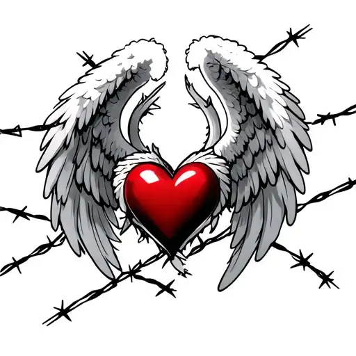 White angel wings with a heart to the environments in a cadena surrounded by barbed wire tattoo design idea