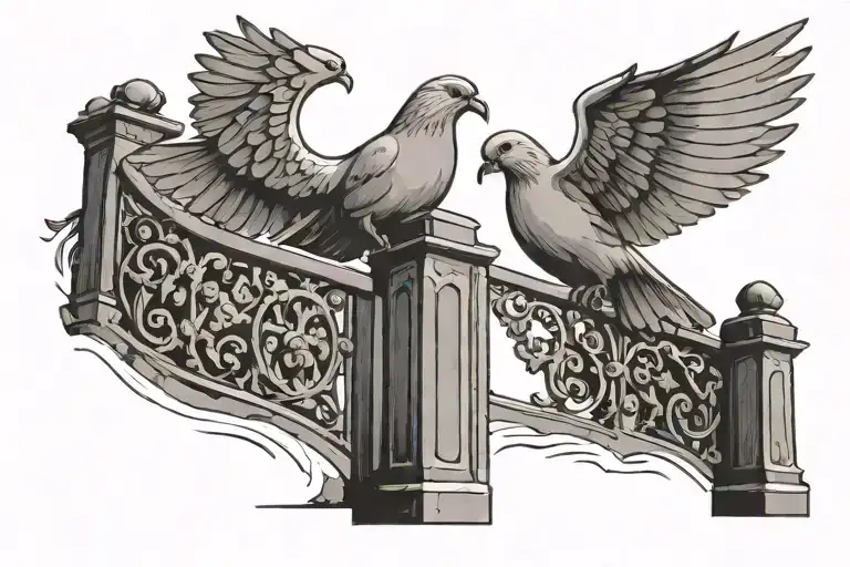 stair way open gates doves flying tattoo design idea