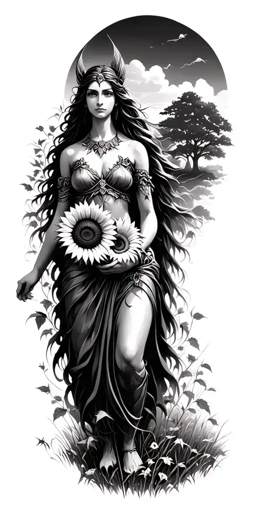 Freya the goddess of love and beauty wandering through a Meadow of Elm trees carrying a sunflower tattoo design idea