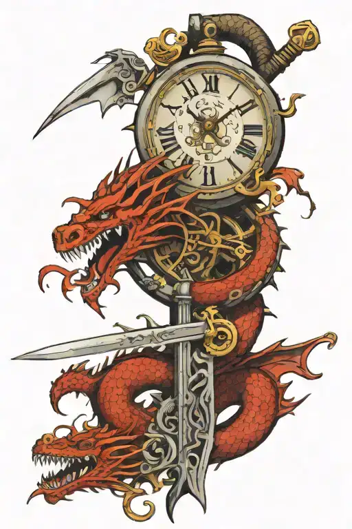sword and chinese symbols going through a dragon wrapping around arm going into a broken clock with roman numerals and a tattoo design idea