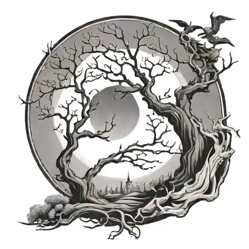 curved poison tree leafless soundrounded by bats with a small moon and clouds  tattoo design idea