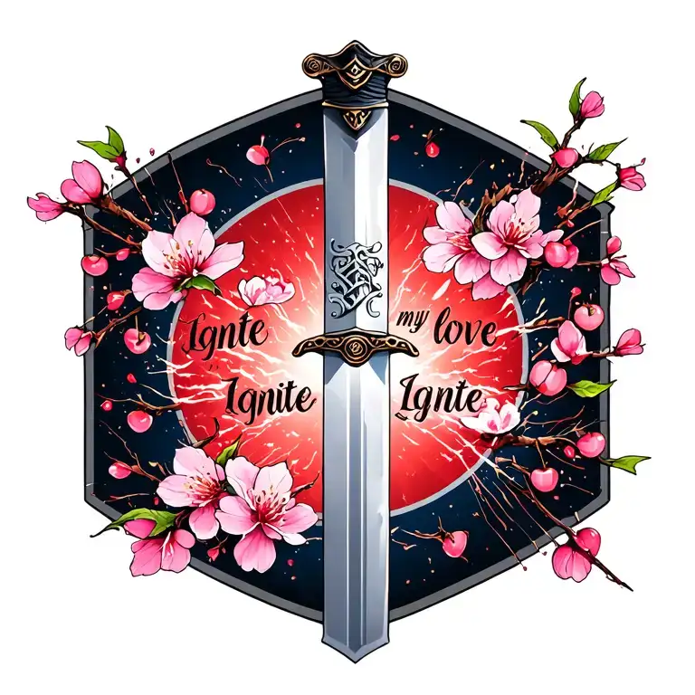 katana sword surrounded by cherry blossoms with the words "Ignite my love, Ignite" etched onto the blade and sparks too tattoo design idea