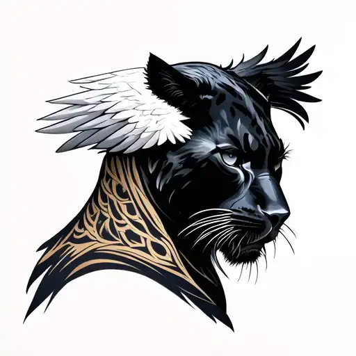 Minimalist side neck tattoo for men with black panther side face and eagle wings tattoo design idea