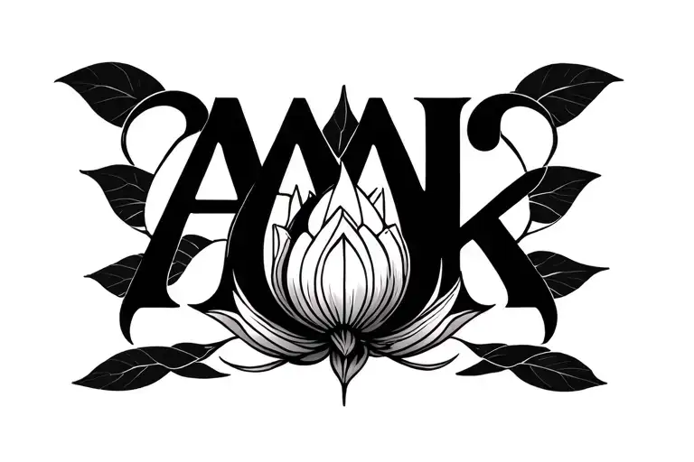 The letters AK and DA, in between in a lotus symbol. Elongated design, graceful. A few thin lines, no filling. tattoo design idea
