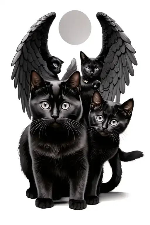 2 black cats and 1 black kitten all have angel wings  tattoo design idea