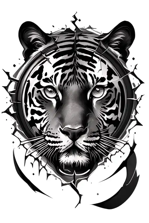 Broken clock tiger eyes in middle surrounded tattoo design idea