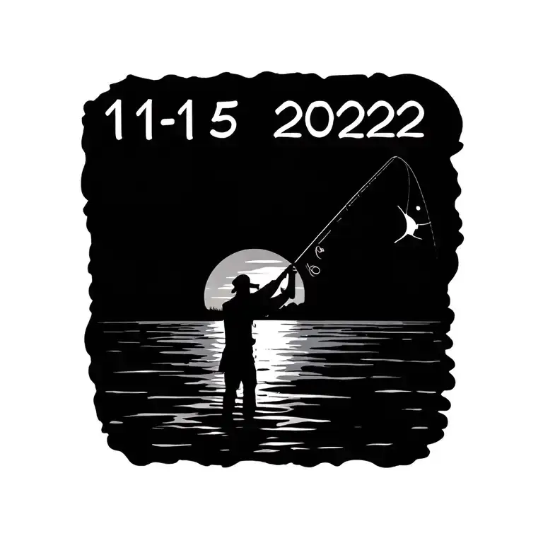 the date 11/15/2022, a sunset, a fishing rod and shading included  tattoo design idea