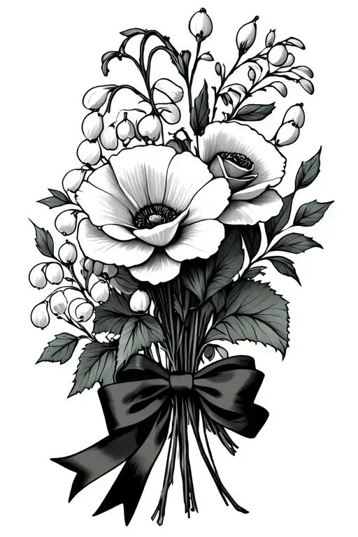 lily of the valley, holly berry, poppy and rose wrapped together with a bow ribbon in a bouquet birth flowers tattoo design idea