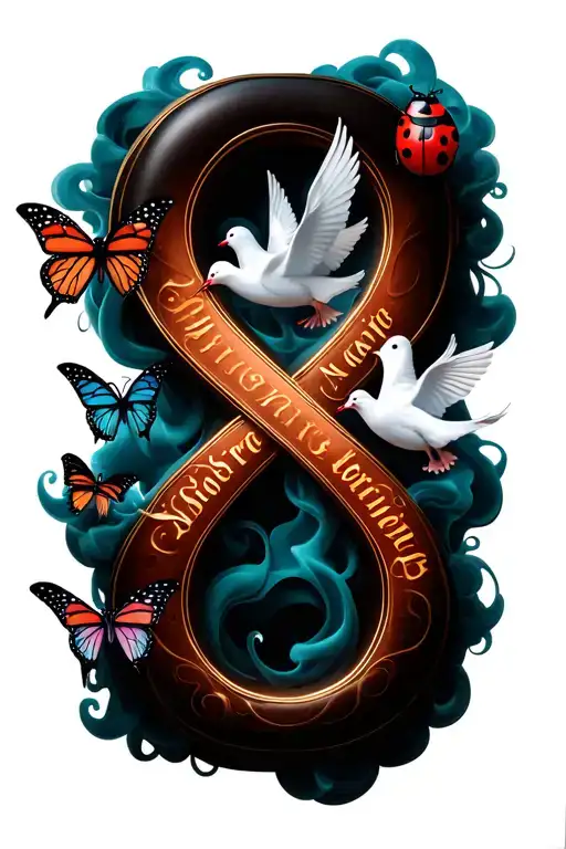 a 3D infinity symbol made of smoke with 2 names on the inside of the symbol. with by butterfly, lady bug, and 2 doves tattoo design idea