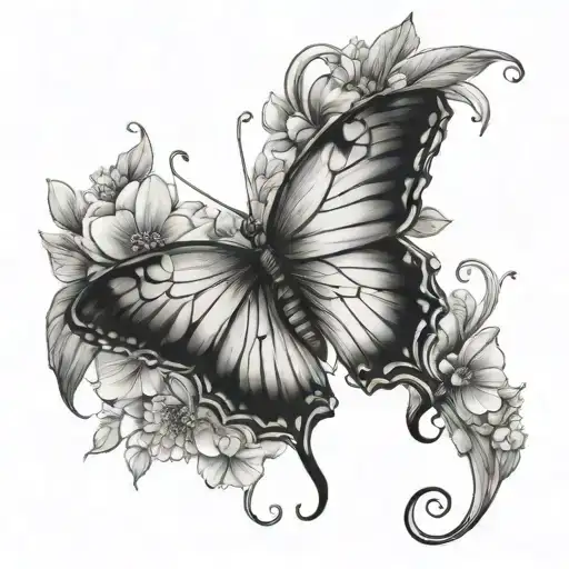 half butterfly with birth flowers april, november and december  tattoo design idea