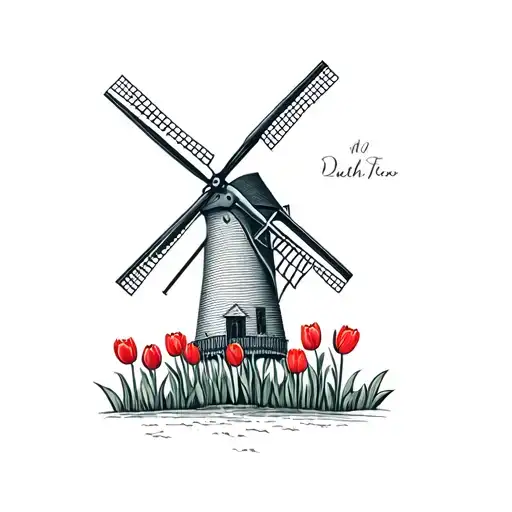 landscape Dutch windmill tulips traditional style tattoo tattoo design idea