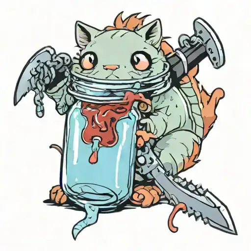 pochita from chainsaw man eating breadwith jam jar tattoo design idea