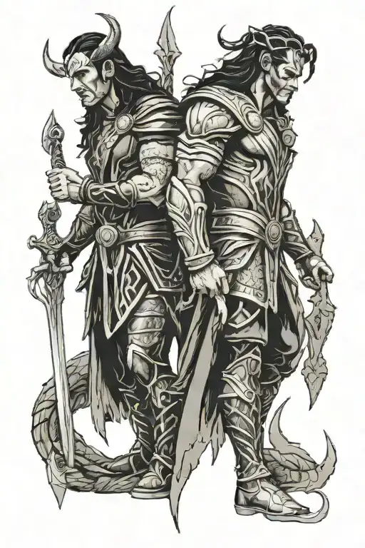 Loki and Tyr standing together tattoo design idea