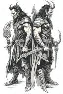 Loki and Tyr standing together tattoo design idea