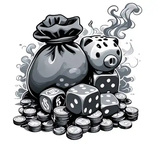 dice gamble, money bag , smoke cloud, piggy bank and title says : maintain the grind tattoo design idea
