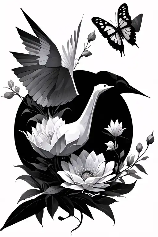origami crane, flowers butterflies sleveve tattoo design idea
