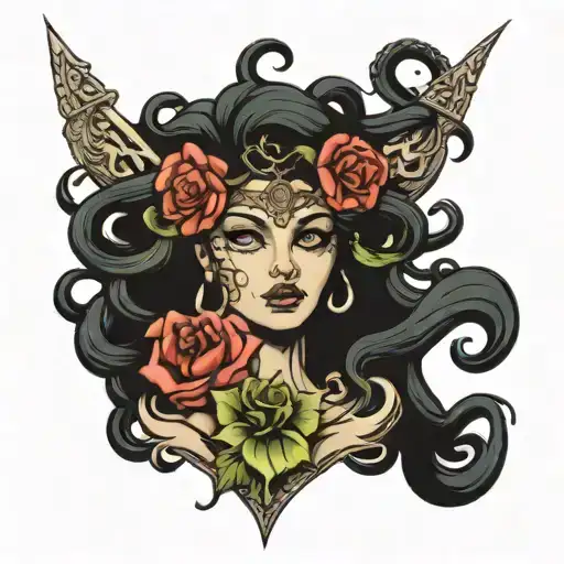 warrior medusa with rose tattoo design idea