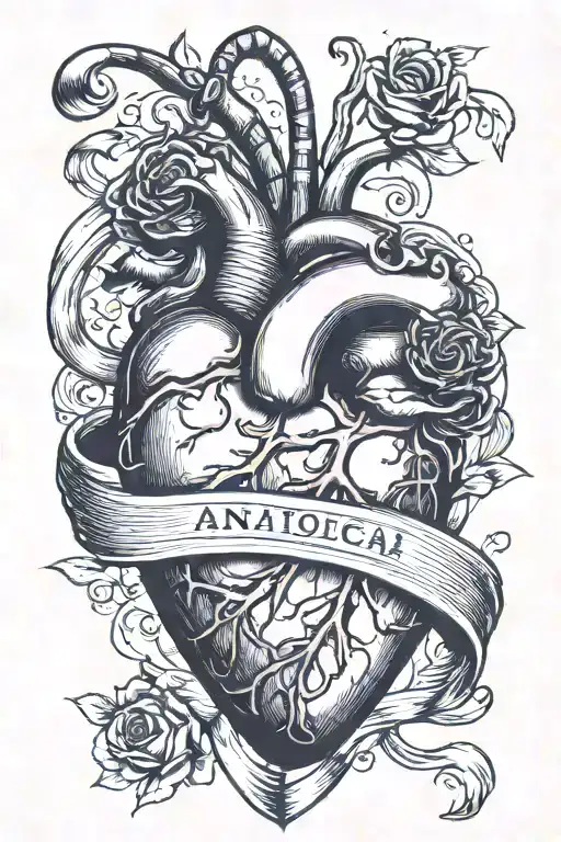 ananatomical heart with breast cancer ribbon wrapped tattoo design idea