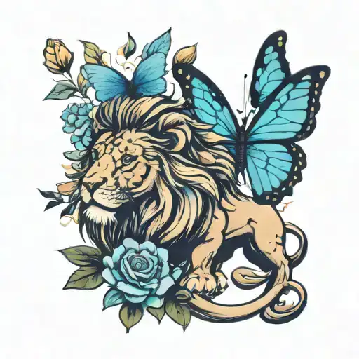 lion, blue butterfly, flower tattoo design idea