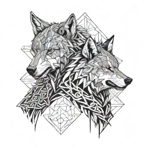 a two wolf heads one of them angry tattoo design idea