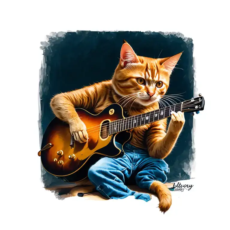ginger cat playing a guitar tattoo design idea