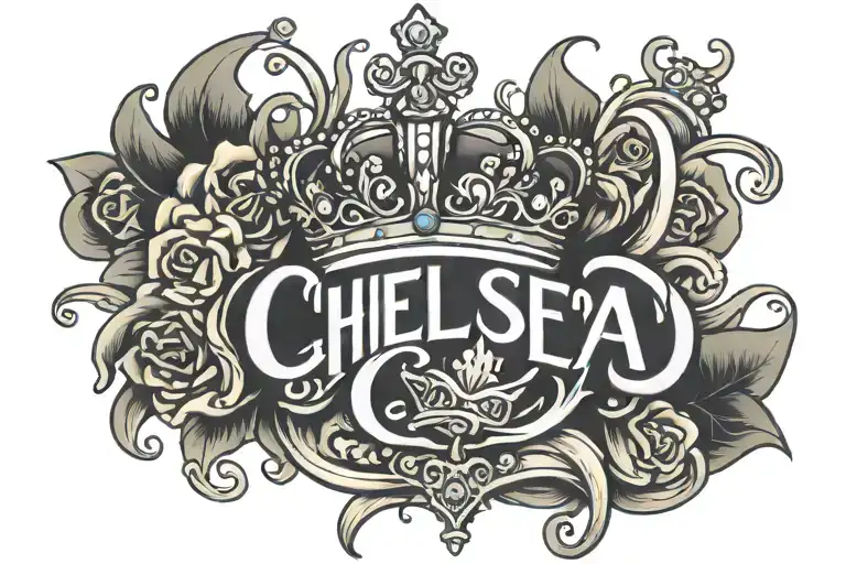 Chelsea in graffiti font with a crown on top tattoo design idea