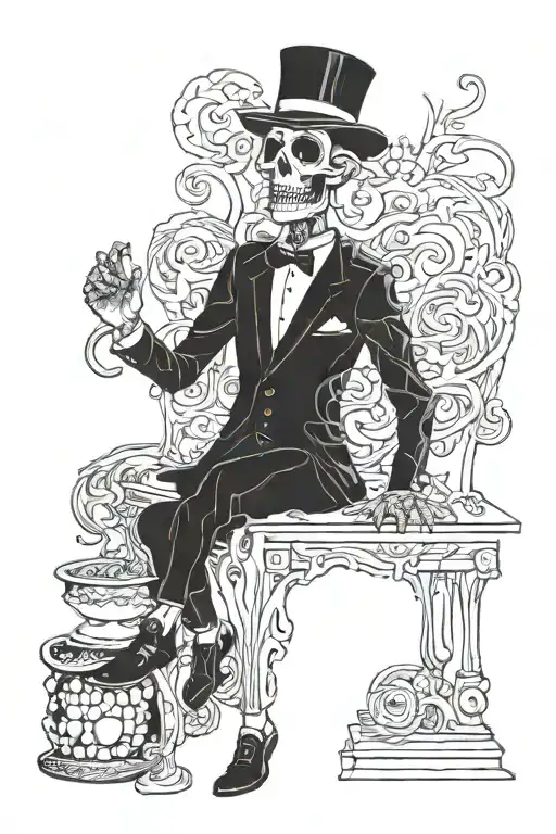 full body dark skeleton wearing a three piece suit and a frank sinatra hat tattoo design idea