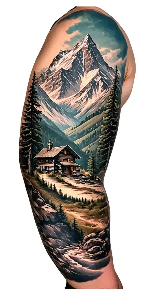 A detailed mountain landscape with a nestled cabin and a hidden hunting scene incorporated within the design tattoo design idea