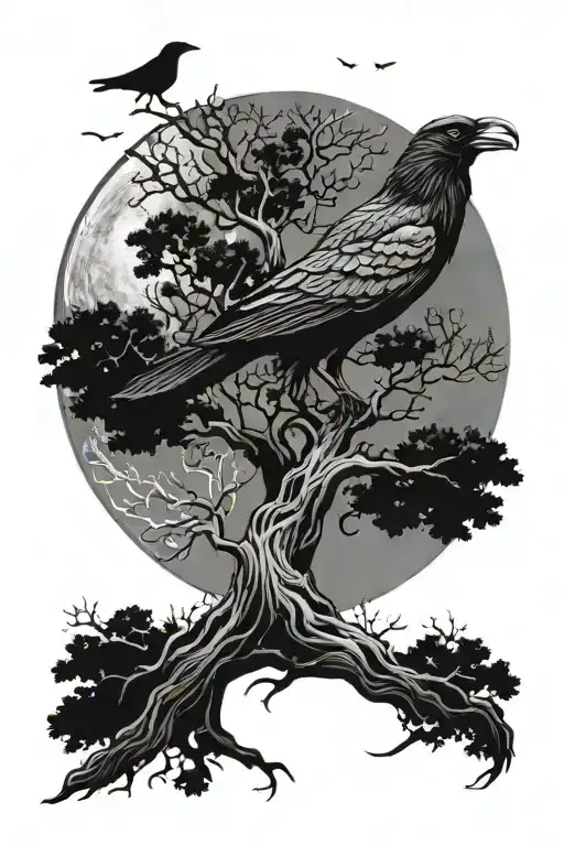 tree of life, crow, wolf, moon, trees background looking tattoo design idea