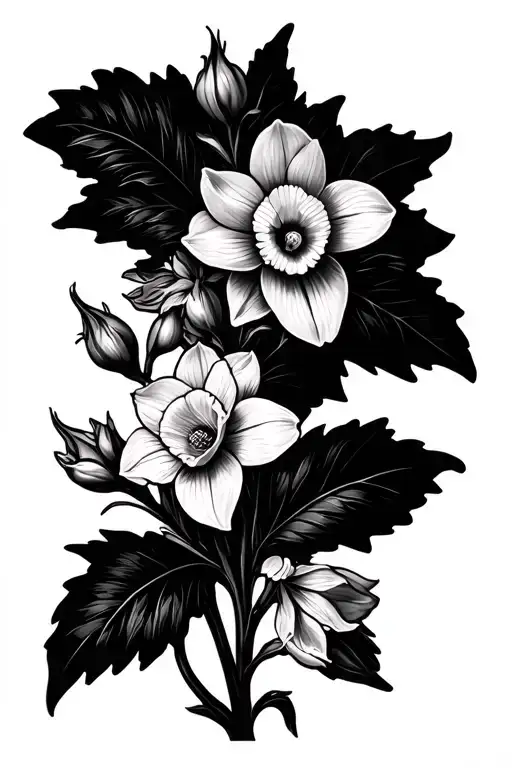 honeysuckle, narcissus, larkspur flower intertwined tattoo design idea