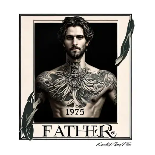 chest tattoo of the Roman numerals 1975 under the collar bone with the word father underneath in smaller text tattoo design idea