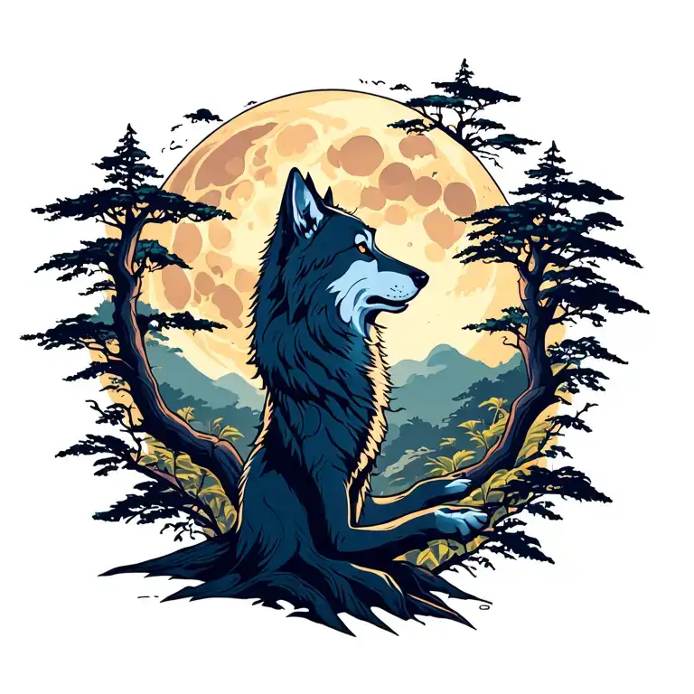 wolf howling at the moon in wild jungle big tree tattoo design idea