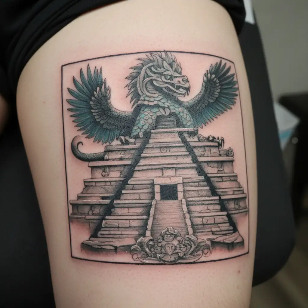 quetzalcoatl on mayan pyramid tattoo design idea