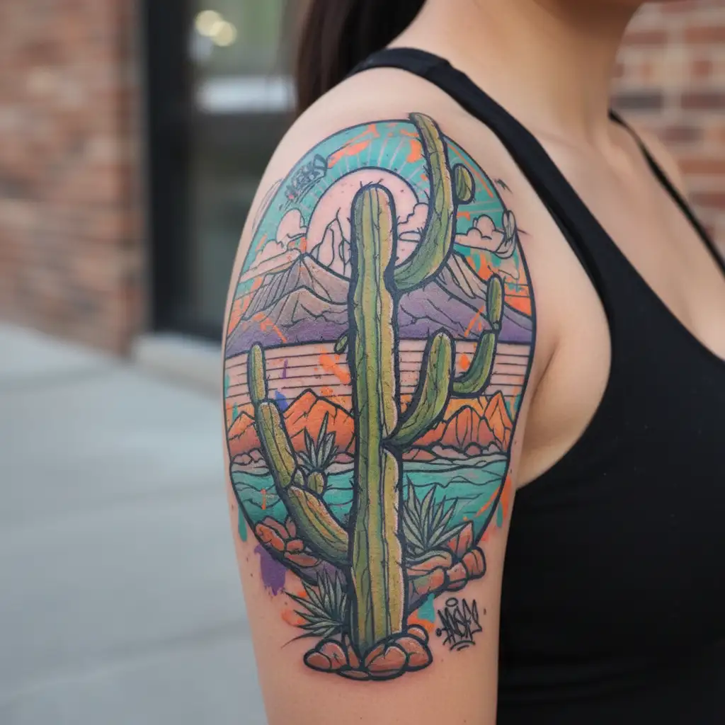 graffiti style arizona saguaro cactus with mountain in background color tattoo design idea