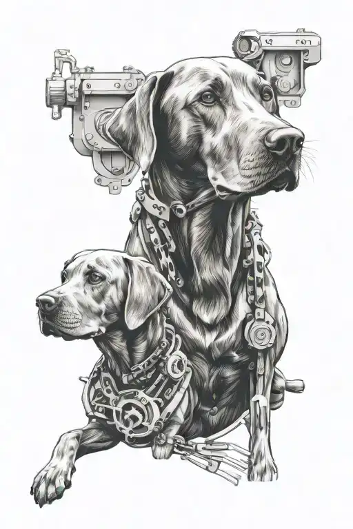 create a realism design incorporating Labradors and mechanical elements  tattoo design idea