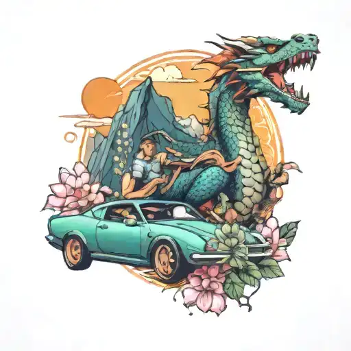 A mechanic fixing a car with a dragon design, surrounded by lotus flowers and mountains in the background tattoo design idea