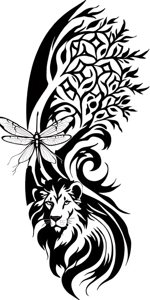 flower of life, tree, dragonfly,  and lion tattoo design idea