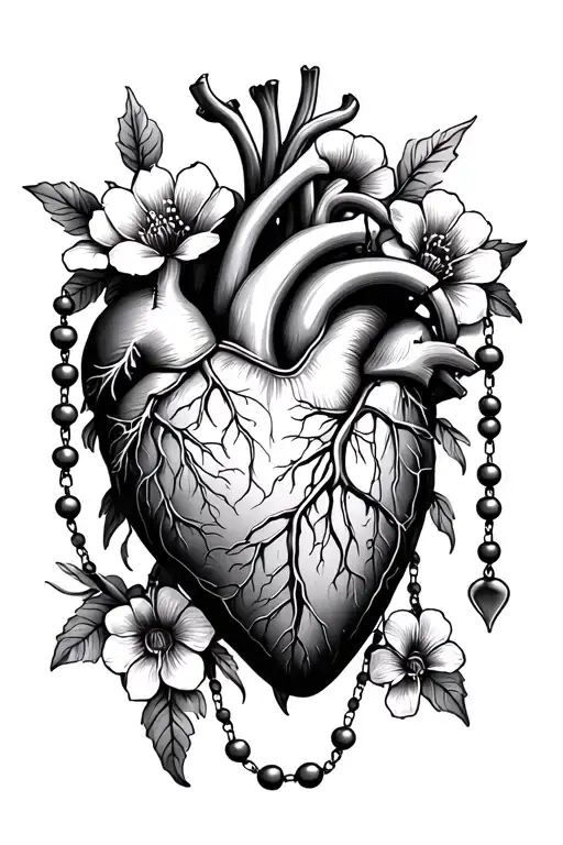 floral anatomical heart, rosary beads intertwined tattoo design idea
