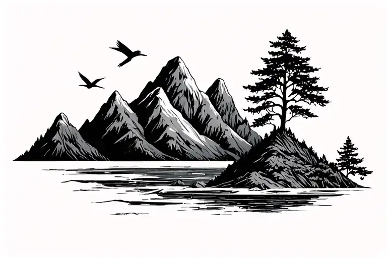 black and white mountains ocean trees birds simple tattoo design idea