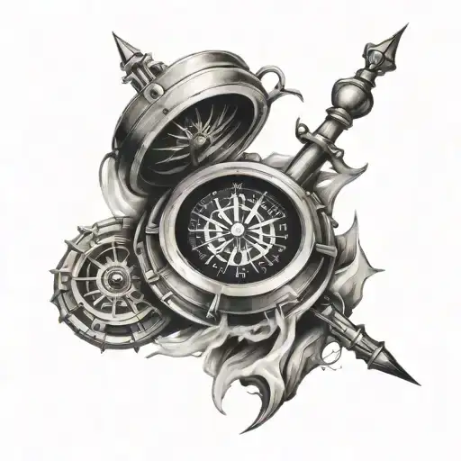 a compass surrounded by jet engine tattoo design idea