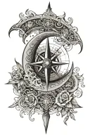 Crescent moon with nautical compass rose intertwined  tattoo design idea